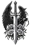 st archangel Michael sword trhu roses with a tarantula on the side with JMR writing  tattoo design idea