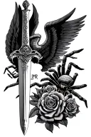 st archangel Michael sword trhu roses with a tarantula on the side with JMR writing  tattoo design idea