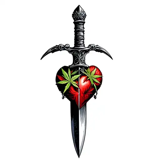 A dagger pierces the heart,Marijuana leaves in the background tattoo design idea