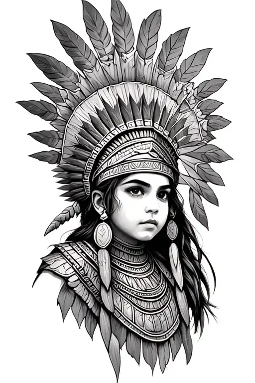 aztec warrior girl, cute face, crown warrior-like appearance, spirituality, face looking to left tattoo design idea