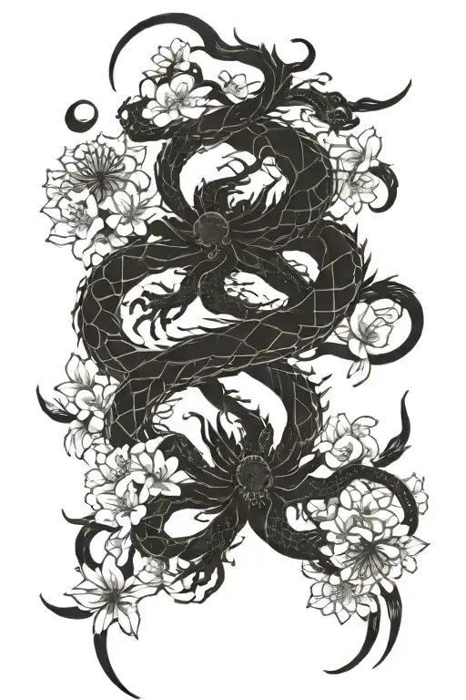 twin dragons with cherry blossoms and spider lilies tattoo design idea