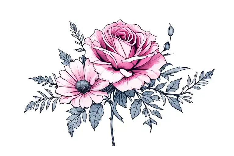 rose, lilly, carnation, violet, cosmos flowers intertwined tattoo design idea