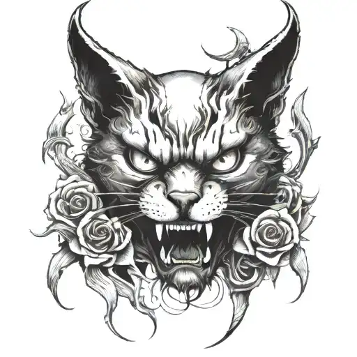 demon cat with white eyes and demon wings covering his body at the background of a skull with his tail going through tattoo design idea