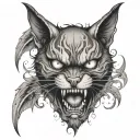 demon cat with white eyes and demon wings covering his body at the background of a skull with his tail going through tattoo design idea