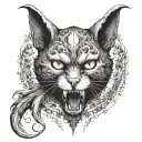 demon cat with white eyes and demon wings covering his body at the background of a skull with his tail going through tattoo design idea