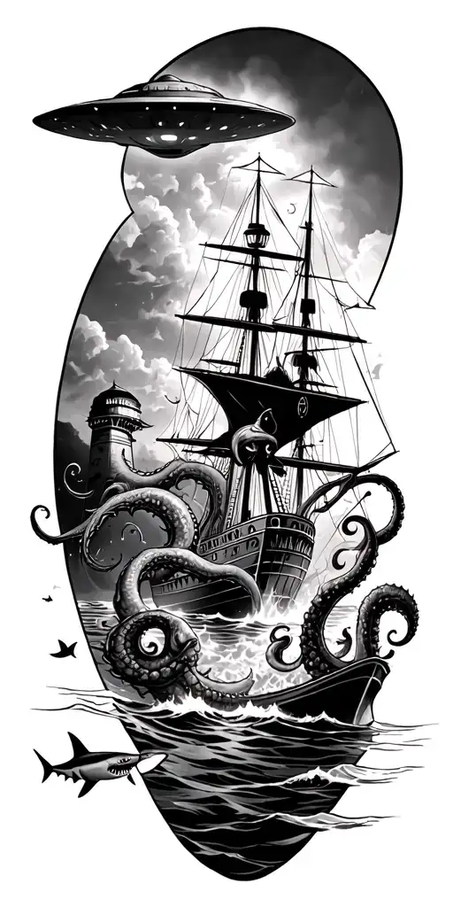 a kraken attacking a ship fighting it off with mermaids and sharks in the water. a lighthouse and ufo in the background  tattoo design idea