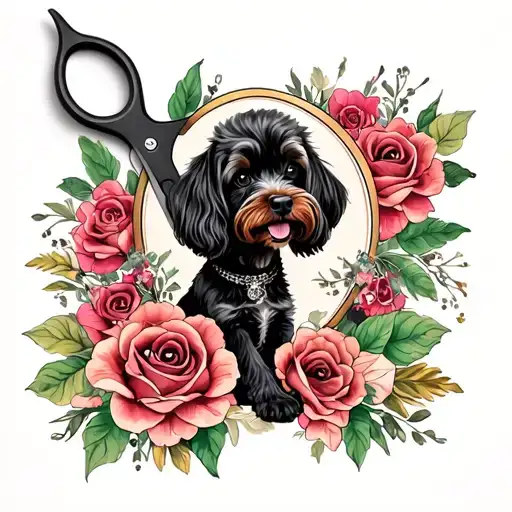 grooming scissors  with black poodle dog adorned tattoo design idea