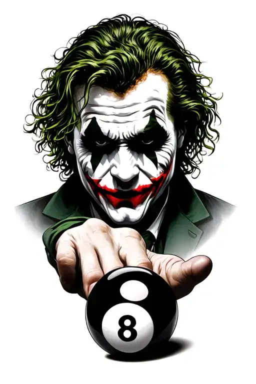 realistic heath ledger joker with his hand  & 8 ball in front of him. surround the picture with ha ha ha ha tattoo design idea