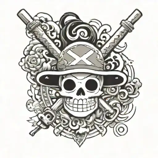 Combine iconic symbols from One Piece with traditional Japanese elements tattoo design idea