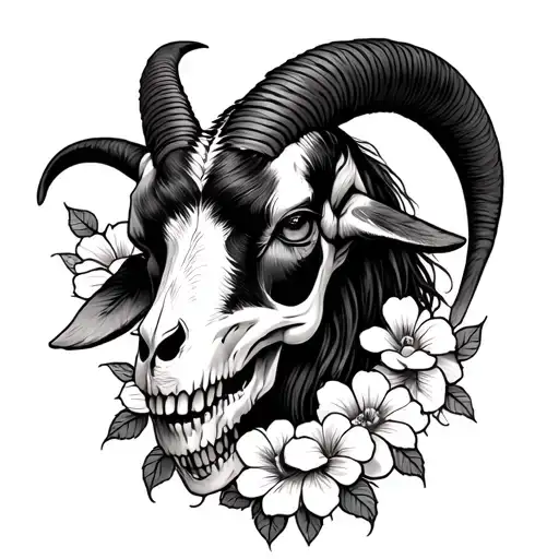 goat ramskull, feminem, flowers, satanic, pretty, neo traditional style tattoo design idea