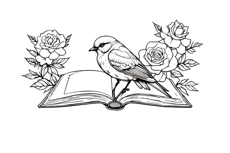 bird, rose, book surrounded by bold floral tattoo design idea
