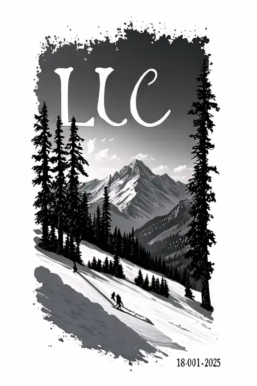 Ski mountain landscape with the letter L G and add 18-01-2025 & 11-04-2025 tattoo design idea