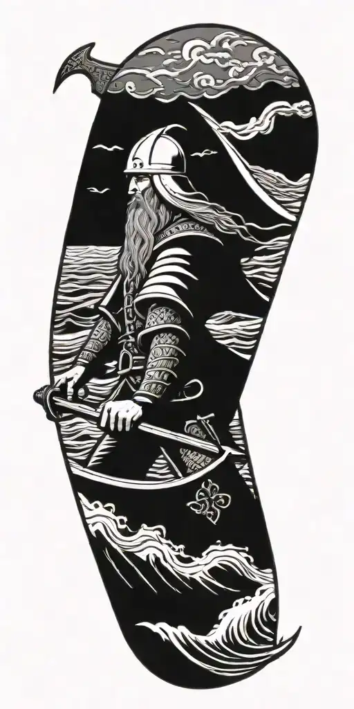 A Norse Viking warrior sailing on a clipper ship in a stormy sea, wielding a mighty axe tattoo design idea