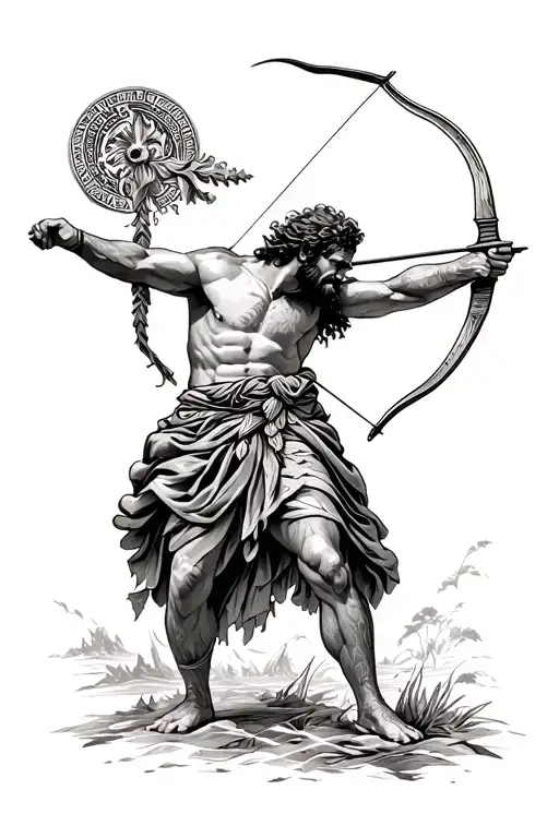 Odysseus with bow and arrow with greek pattern incorporating tattoo design idea