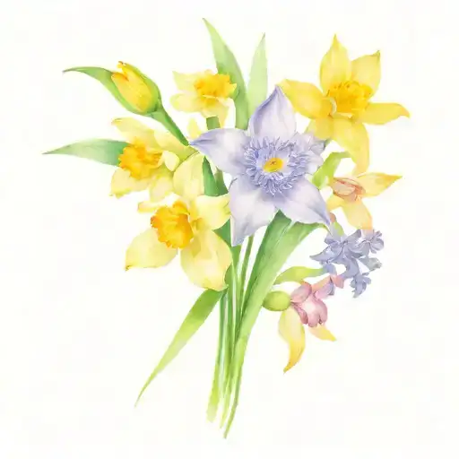 ikebana arrangement of daffodil, jonquil, water lily, chrysanthemum, gladiolus, violet, aster tattoo design idea