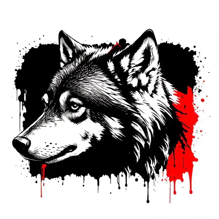 "Trash Polka, high-contrast black and red, photorealistic wolf portrait combined with abstract brush strokes, paint spla tattoo design idea
