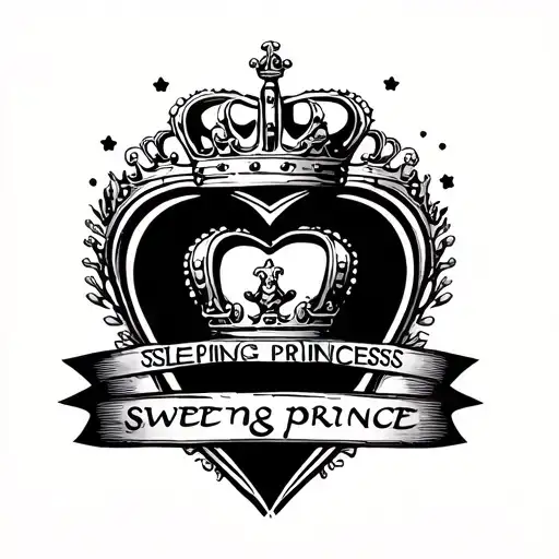 Crown with the words sleeping princess and sweet prince looped around the crown in a heart shape with the date 26-05-25 tattoo design idea