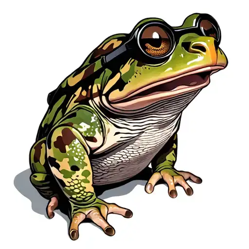 Make me a toad whareing a camo jacket whareing big brownish black glasses tattoo design idea