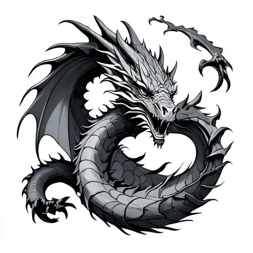 dragon over medieval village spiral tattoo design idea