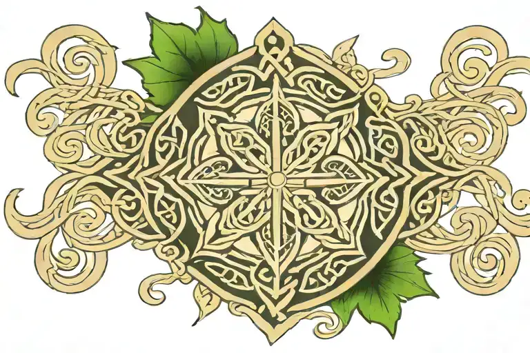I want a Celtic knot armband tattoo including four leaf clover, Shri yantra, zodiac sign virgo, number 7, lotus flower tattoo design idea
