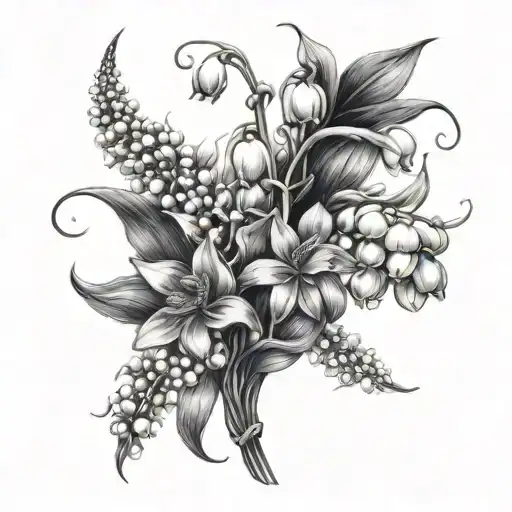 lily of the valley flower, Rose flower, Violet flower, snowdrop flower bouquet  tattoo design idea