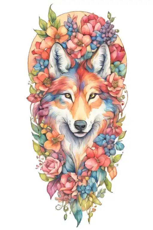 mama wolf face with lupins and hearts tattoo design idea