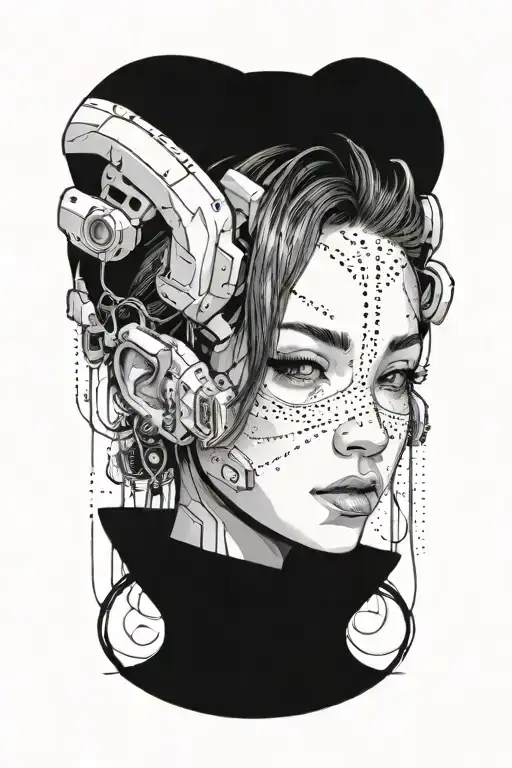 cyberpunk anime beautifull girl face one eye tattoo design idea
