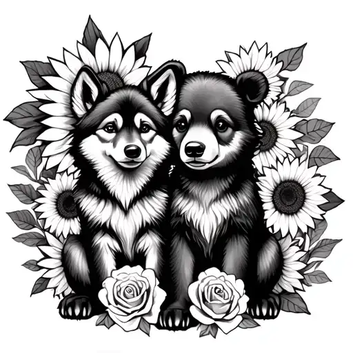  cute baby wolf and bear sitting with sunflowers and roses. black tattoo design idea