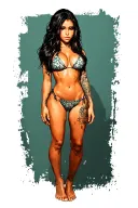 Sexy girl, petite, small boobs, wide hips, bikini . long hair,sexual. Seductive. Full Body, standing with legs and feet tattoo design idea