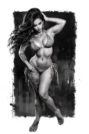 Sexy girl, petite, small boobs, wide hips, bikini . long hair,sexual. Seductive. Full Body, standing with legs and feet tattoo design idea
