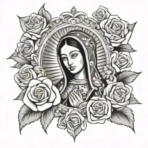 virgen de guadalupe with roses under tattoo design idea