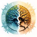 tree of life half dead half alive, with the Gemini zodiac symbol in the background, tattoo design idea