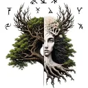 tree of life half dead half alive, with the Gemini zodiac symbol in the background, tattoo design idea