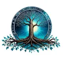 tree of life half dead half alive, with the Gemini zodiac symbol in the background, tattoo design idea