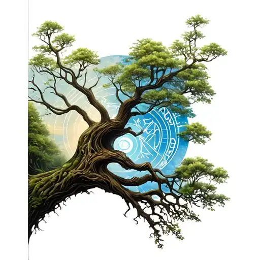 tree of life half dead half alive, with the Gemini zodiac symbol in the background, tattoo design idea
