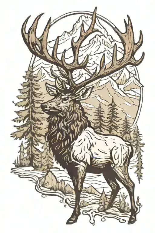 bull elk with trees and mountains inside tattoo design idea