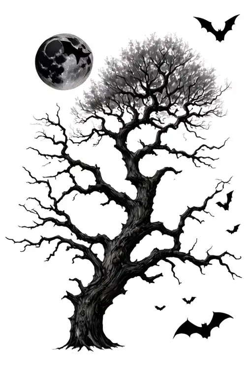  a tall leafless tree branches stretching different directions. A moon above the tree with bats flying around the tree tattoo design idea