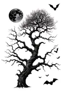  a tall leafless tree branches stretching different directions. A moon above the tree with bats flying around the tree tattoo design idea