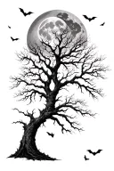  a tall leafless tree branches stretching different directions. A moon above the tree with bats flying around the tree tattoo design idea