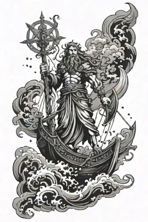 Poseidon and Star of David with small ship in a storm tattoo design idea