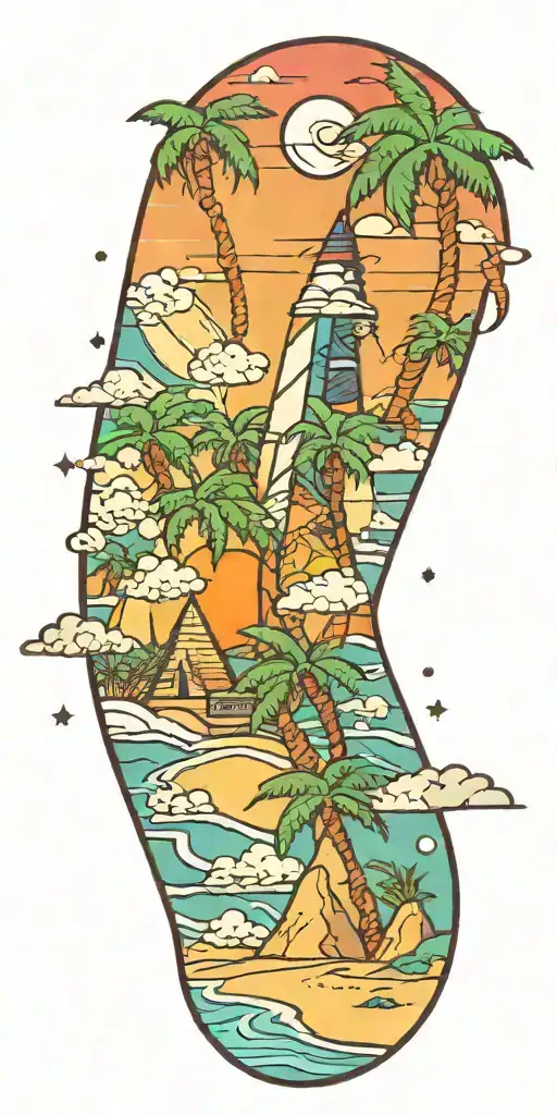 outer space, palm tree, galaxy, pyramid, shoal wintergreen dip can in the sand with a sunset tattoo design idea