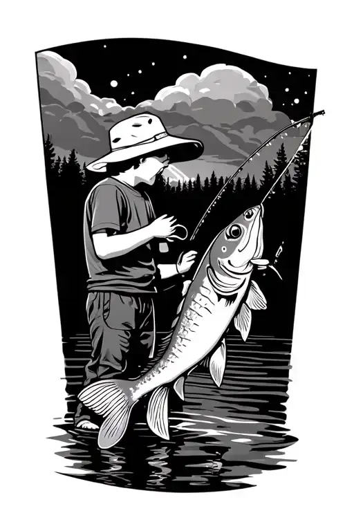 kids and bass fishing scene tattoo design idea
