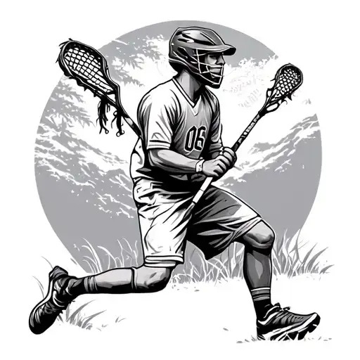 calmness and solitude nature and lacrosse player holding tattoo design idea