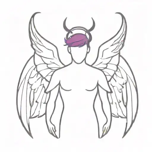 A minimalist design of a human figure with angel wings and devil horns, using black and purple as the main colors tattoo design idea