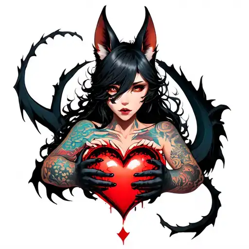 tattooed anime demon fox woman holding a shattered heart with a heart shaped black dragon surround tattoo design idea