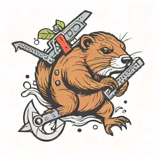 Beaver with an anchor and a chainsaw   tattoo design idea