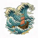 Vietnamese boat in the ocean waves tattoo design idea