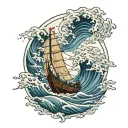 Vietnamese boat in the ocean waves tattoo design idea