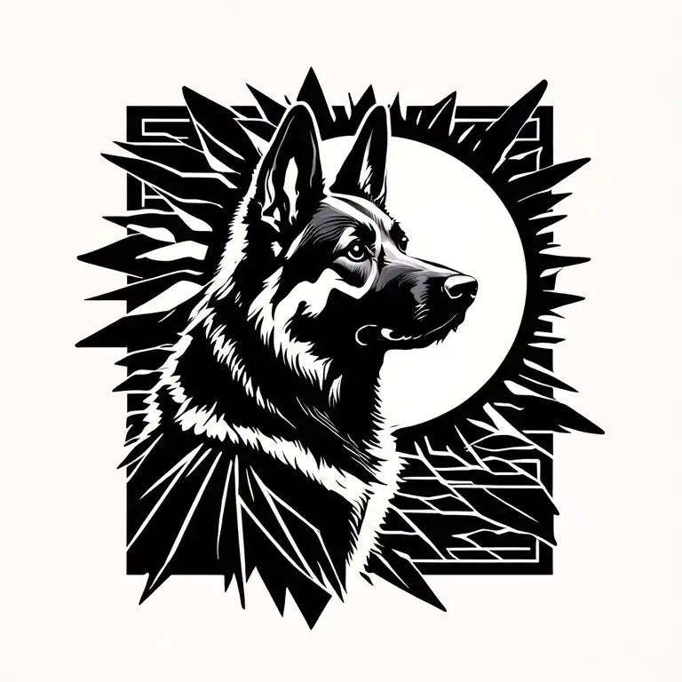 sun with German shepherd silhouette formed tattoo design idea