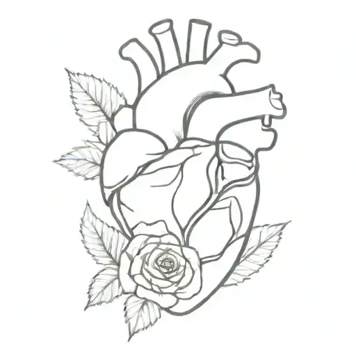 Minimal Thin Drawing Lines Black And White Watercolor Anatomic Heart With Roses, moth, and flowers tattoo design idea